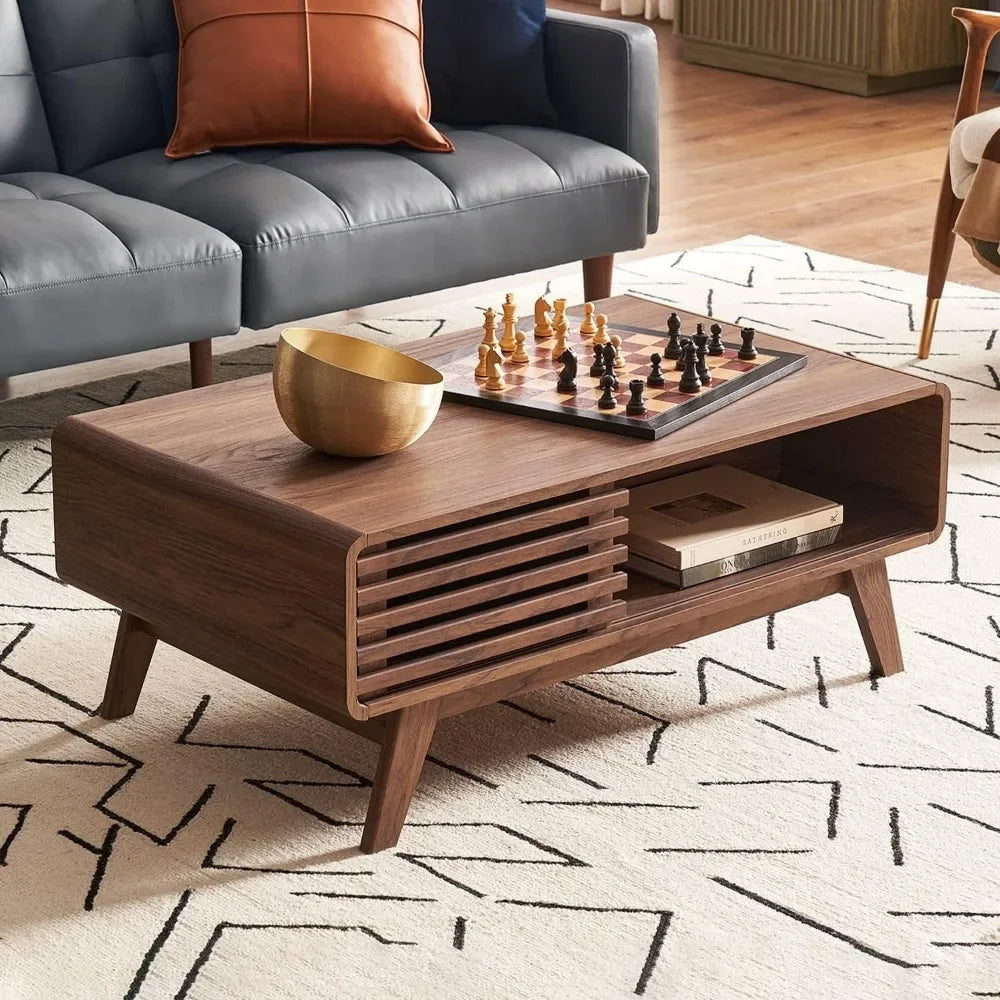 Ensley Coffee Table with Storage, Mid Century Modern, Farmhouse Wood Coffee Table for Living Room Fluted