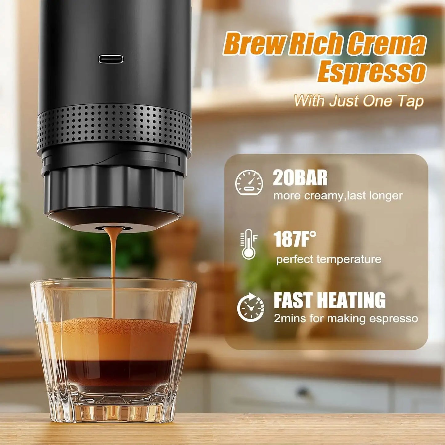 Self-Heating Car Coffee Maker with USB-C, Small Espresso Machine with Ground Coffee & Capsules (NS＆DG) for RV, Hiking, Office