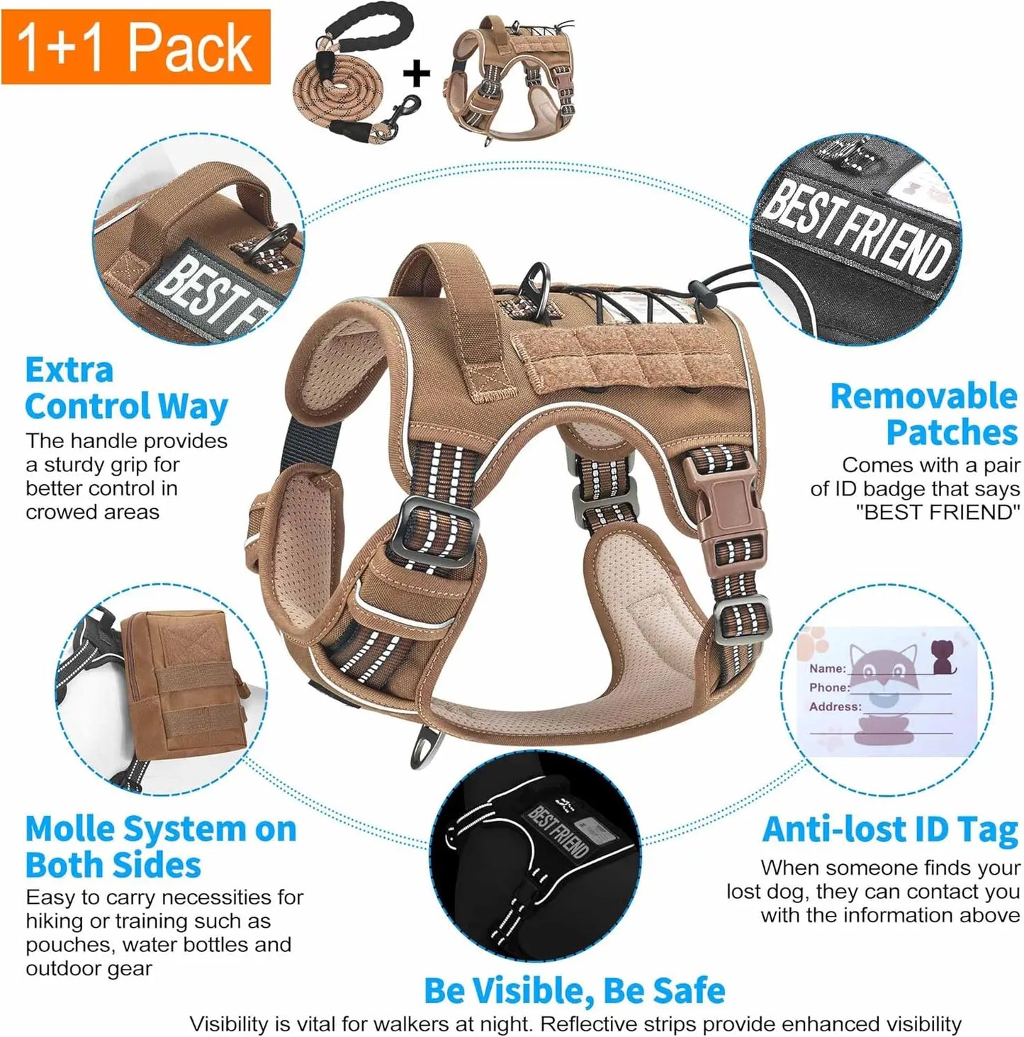 Heavy Duty Tactical Dog Harness for Large Dogs, No Pull Adjustable Pet Harness Reflective Service Training Easy Control