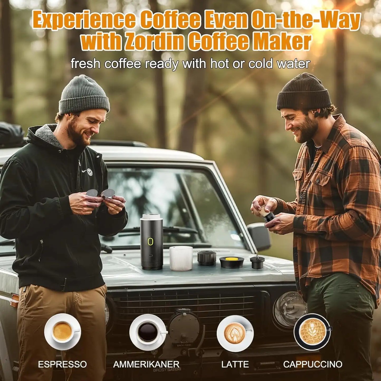 Self-Heating Car Coffee Maker with USB-C, Small Espresso Machine with Ground Coffee & Capsules (NS＆DG) for RV, Hiking, Office