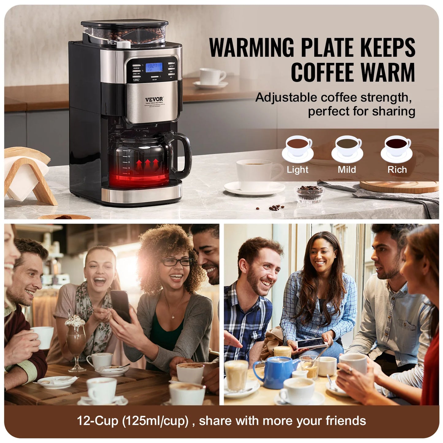 VEVOR Coffee Maker with Grinder, 12 Cup Grind and Brew Coffee Maker with 3 Brew Strength Control, 24-Hour Timer for Auto Brew