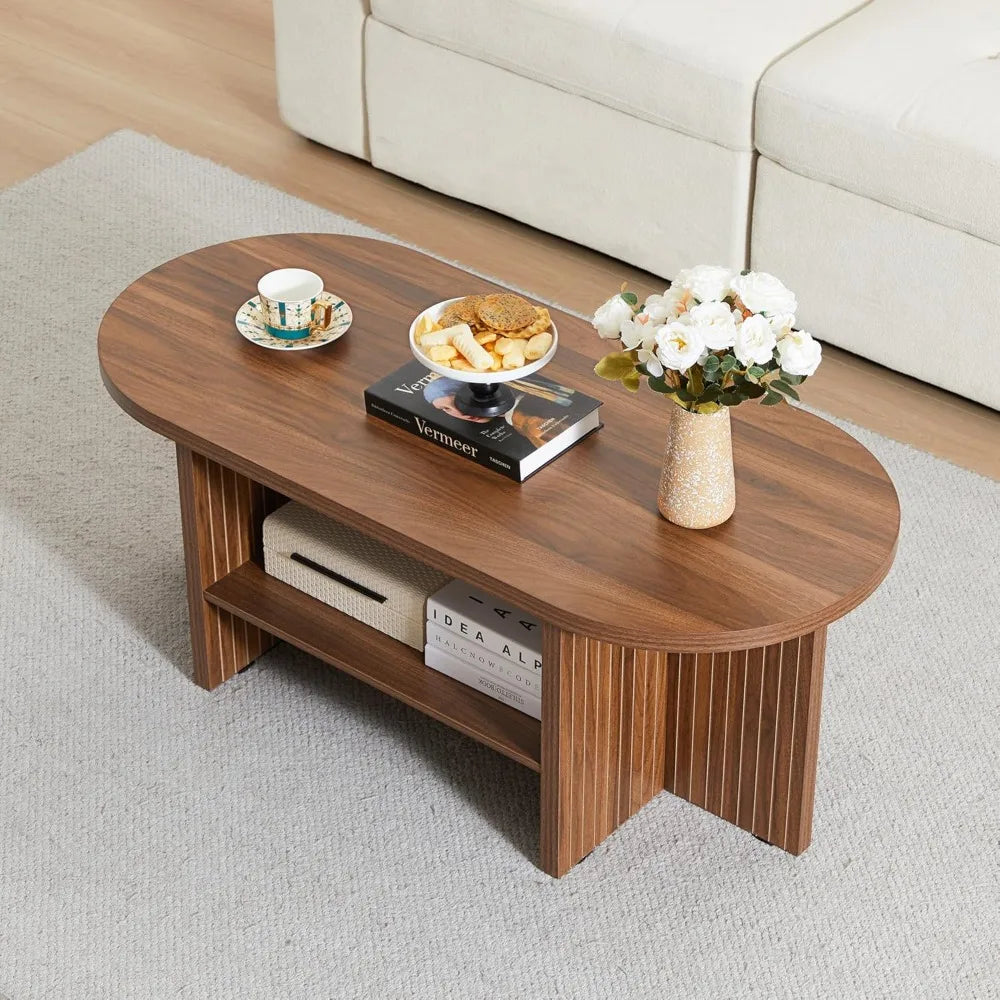 43.3” Coffee Table with Storage, Oval Coffee Tables for Living Room, Farmhouse Fluted Coffee Table with Large Storage Shelf