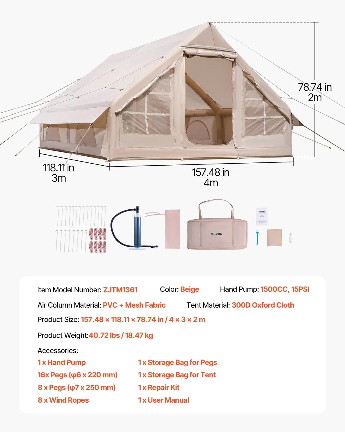 VEVOR 5-8/4-6/3-5 Person Inflatable Camping Tent with Air Pump - All-Weather Glamping Shelter for Family and Outdoor Adventures
