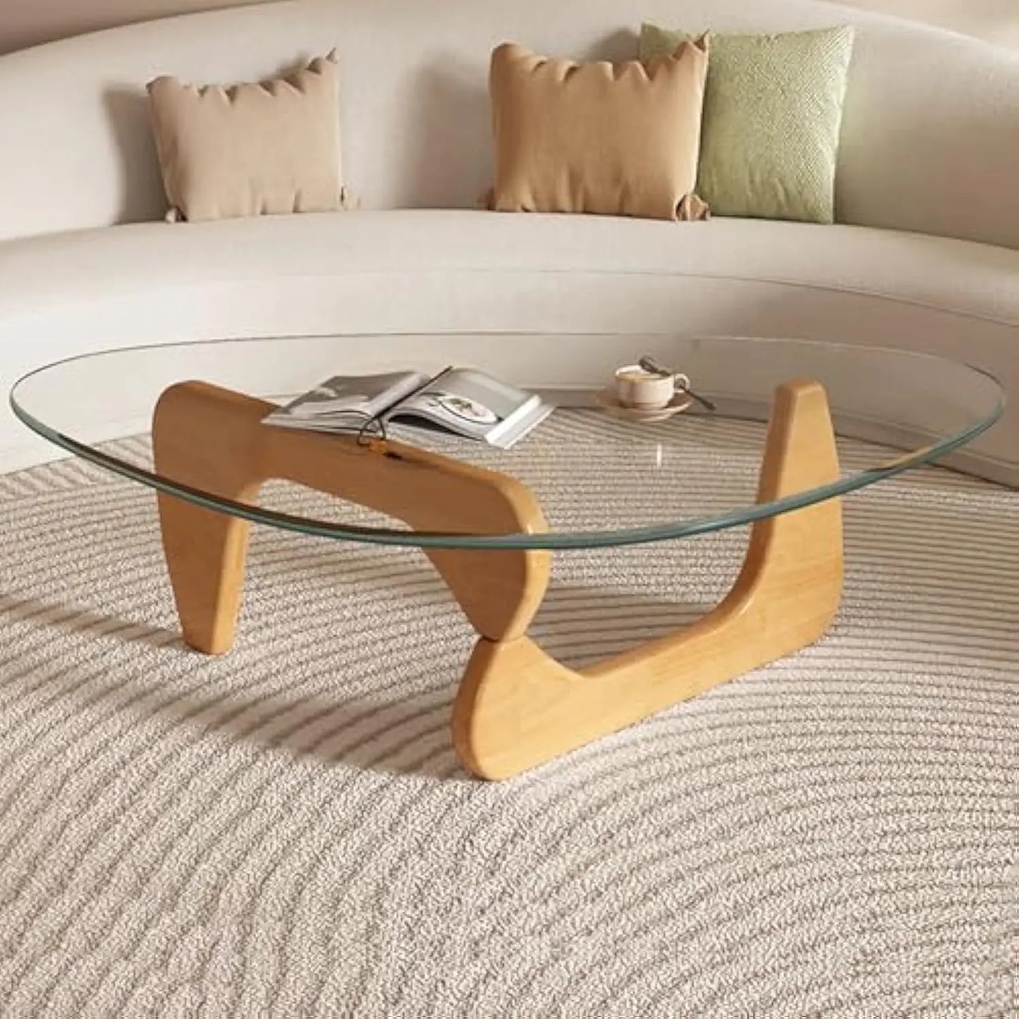 Mid-Century Modern Coffee Table - Triangle Glass Top Natural Wood Base Triangle Coffee Table for Living Room Patio Office Abstr