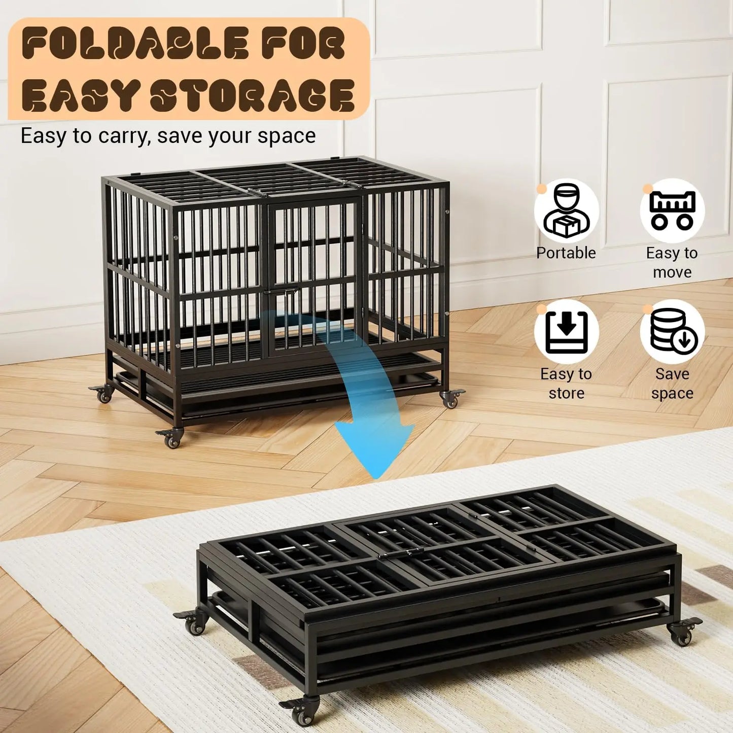 HeavyDuty Dog Crate Cage Kennel with Wheels,Dog Crate Steel Escape Proof,360°Lockable Wheels Removable Tray,Foldable DoubleDoor