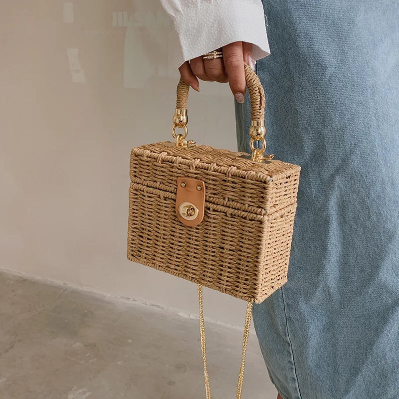 Summer Box Small Purse and Handbags For Women Rattan Straw Woven Crossbody Shoulder Bags Female Fashion Chain Travel Beach Bags
