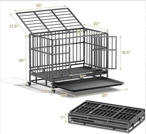 HeavyDuty Dog Crate Cage Kennel with Wheels,Dog Crate Steel Escape Proof,360°Lockable Wheels Removable Tray,Foldable DoubleDoor