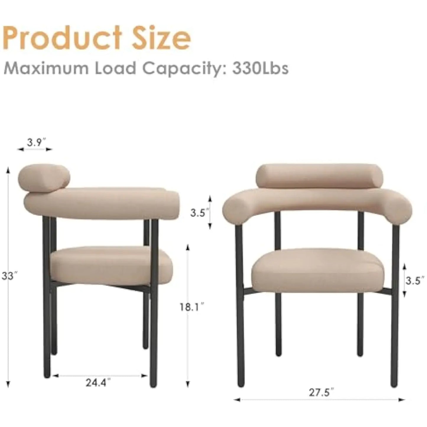Dining Chairs Set of 2, Mid-Century Modern Dining Room Chairs with Curved Backrest and Armrest, Round Kitchen Chairs with Cush