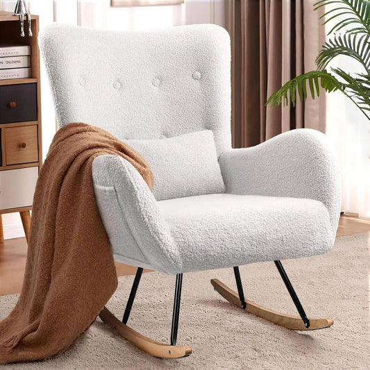 Rocking Chair Nursery, Teddy Upholstered Rocking Chair Indoor with High Backrest Glider Accent Chair, Padded Seat Nursing Chair
