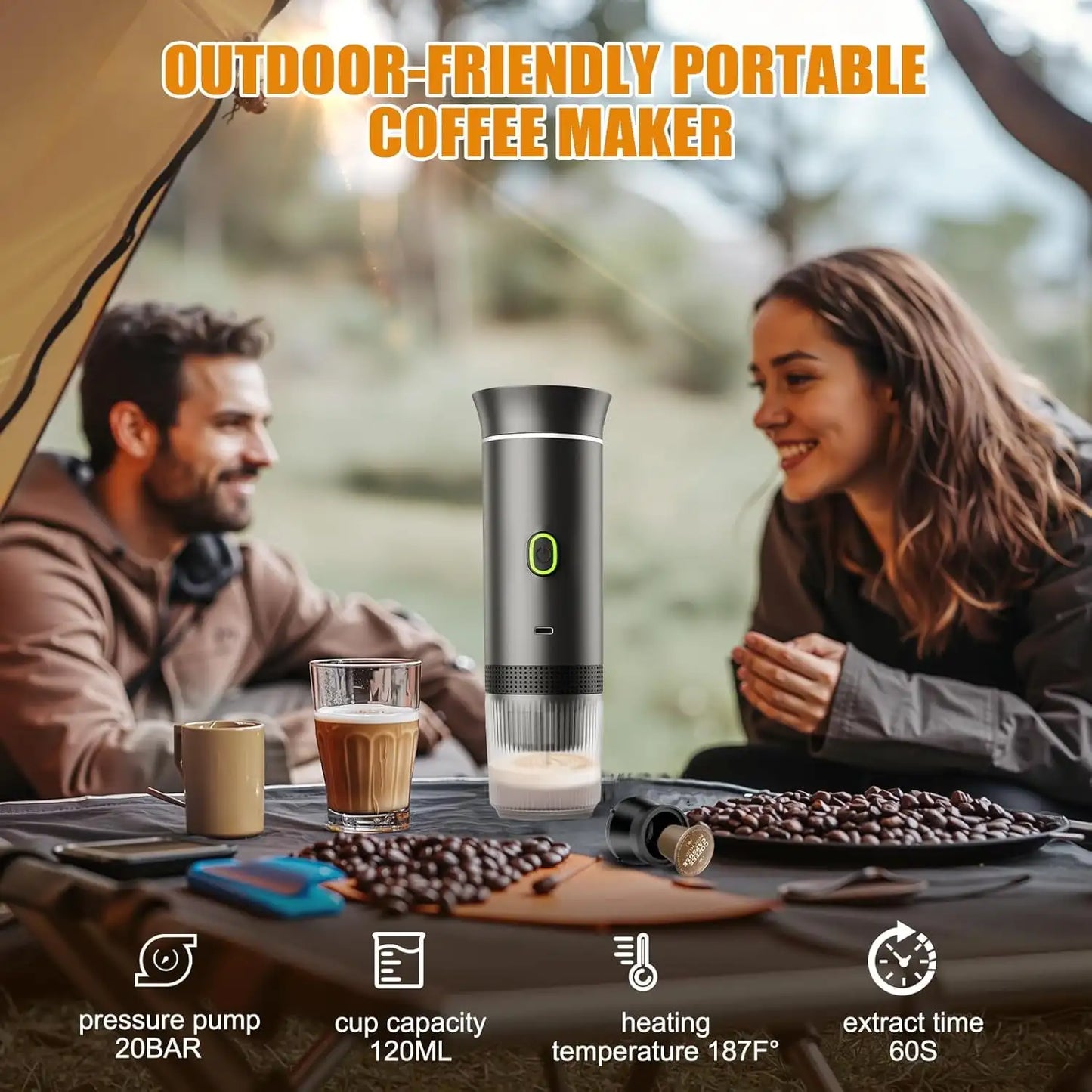 Self-Heating Car Coffee Maker with USB-C, Small Espresso Machine with Ground Coffee & Capsules (NS＆DG) for RV, Hiking, Office