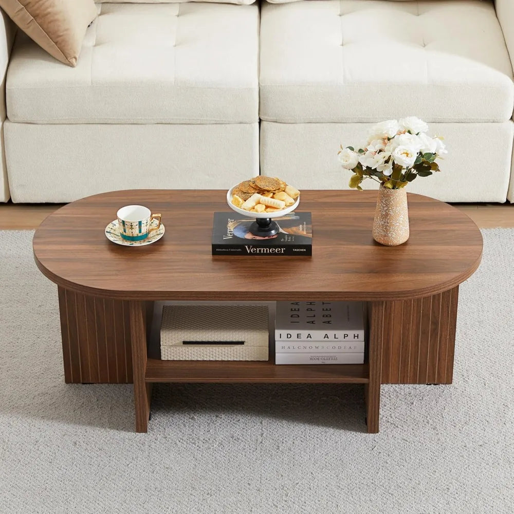 43.3” Coffee Table with Storage, Oval Coffee Tables for Living Room, Farmhouse Fluted Coffee Table with Large Storage Shelf