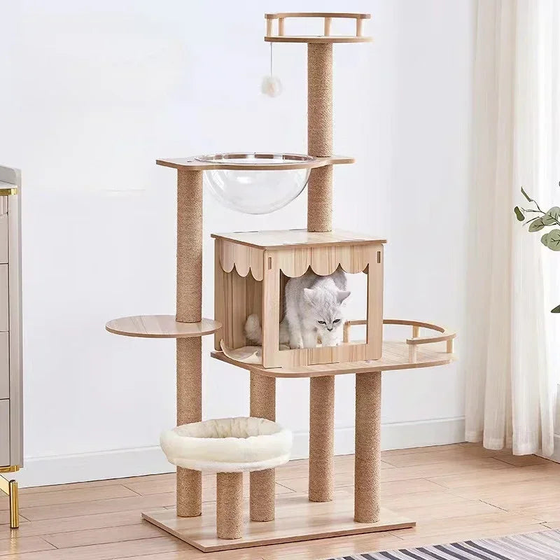 Scratching Posts Modern Cat Tree Tower Multi-layer Cat Climbing Frame Multi-Level Large Wooden Cat Tree House Cat Condo Cat Toys