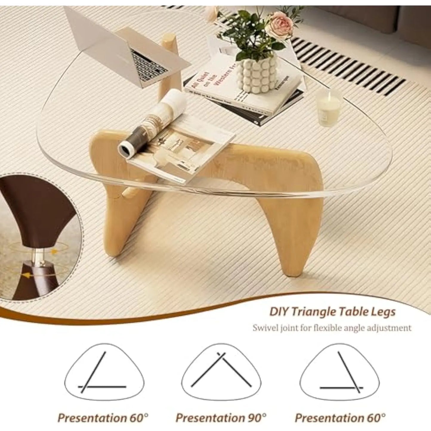Mid-Century Modern Coffee Table - Triangle Glass Top Natural Wood Base Triangle Coffee Table for Living Room Patio Office Abstr
