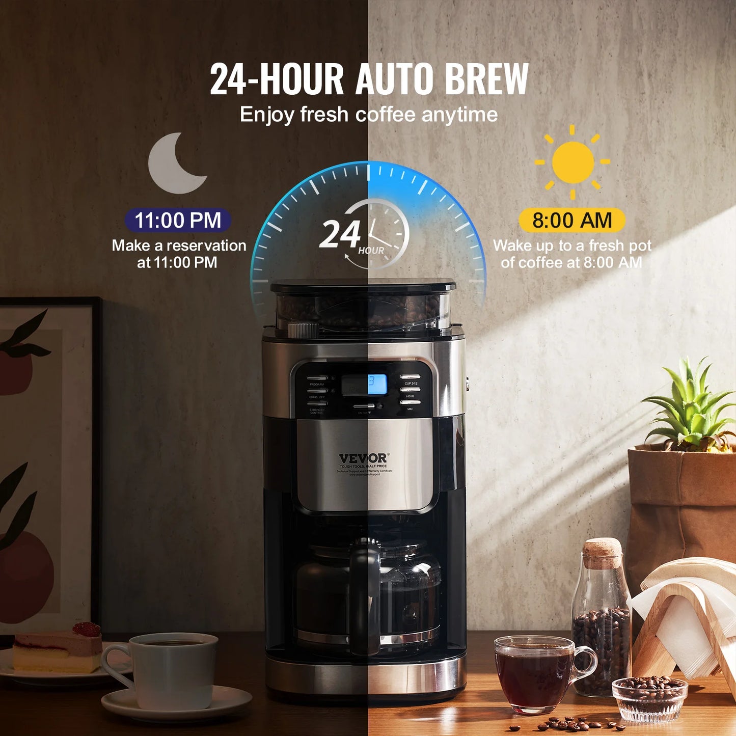 VEVOR Coffee Maker with Grinder, 12 Cup Grind and Brew Coffee Maker with 3 Brew Strength Control, 24-Hour Timer for Auto Brew