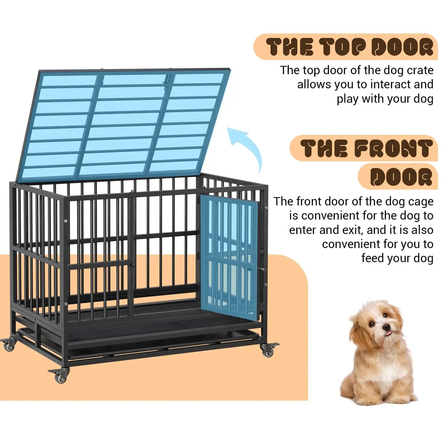 HeavyDuty Dog Crate Cage Kennel with Wheels,Dog Crate Steel Escape Proof,360°Lockable Wheels Removable Tray,Foldable DoubleDoor