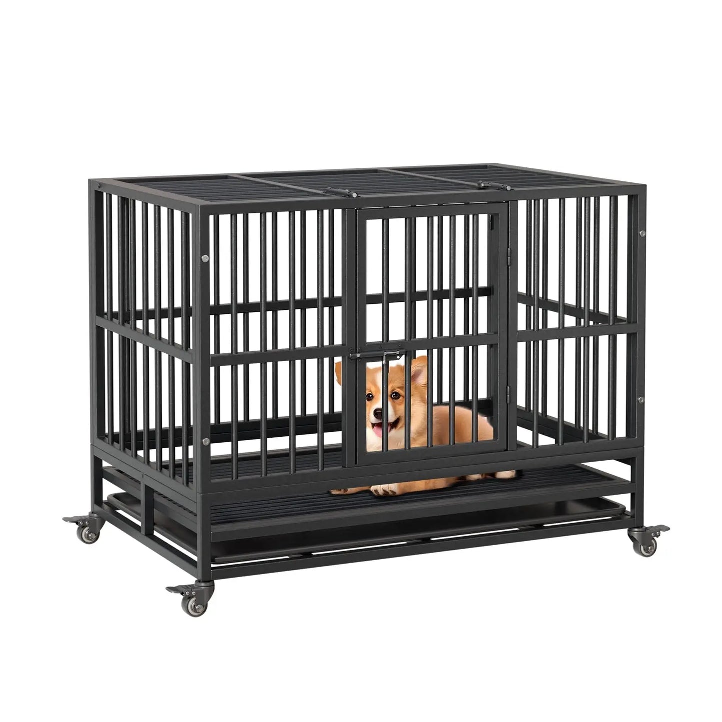 HeavyDuty Dog Crate Cage Kennel with Wheels,Dog Crate Steel Escape Proof,360°Lockable Wheels Removable Tray,Foldable DoubleDoor