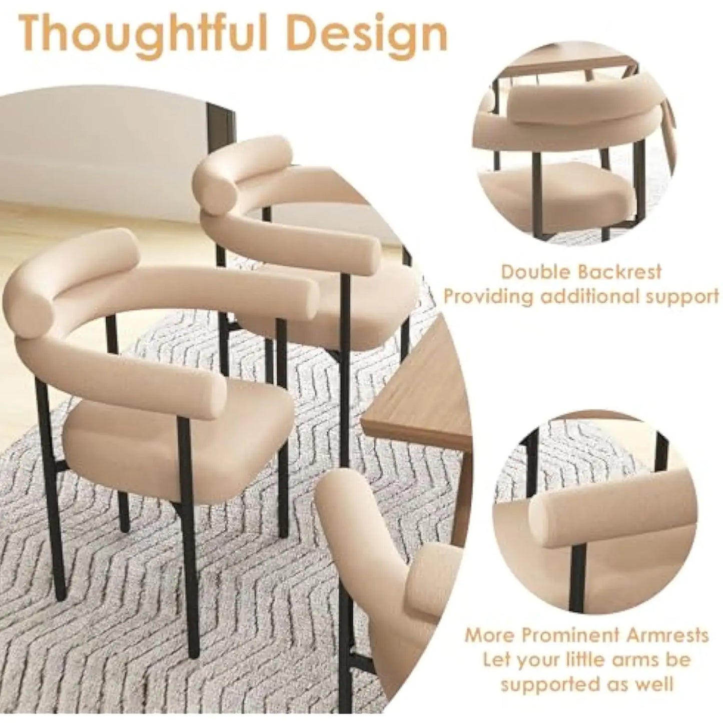 Dining Chairs Set of 2, Mid-Century Modern Dining Room Chairs with Curved Backrest and Armrest, Round Kitchen Chairs with Cush