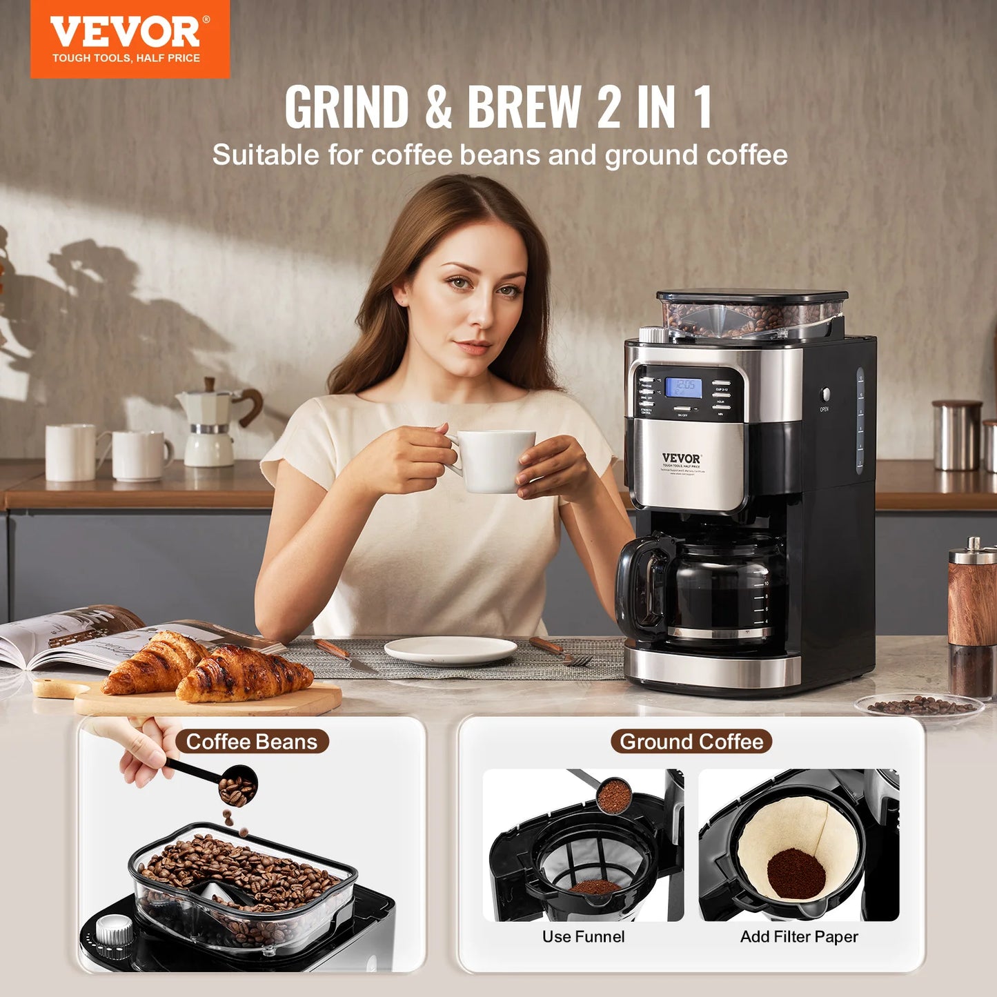 VEVOR Coffee Maker with Grinder, 12 Cup Grind and Brew Coffee Maker with 3 Brew Strength Control, 24-Hour Timer for Auto Brew