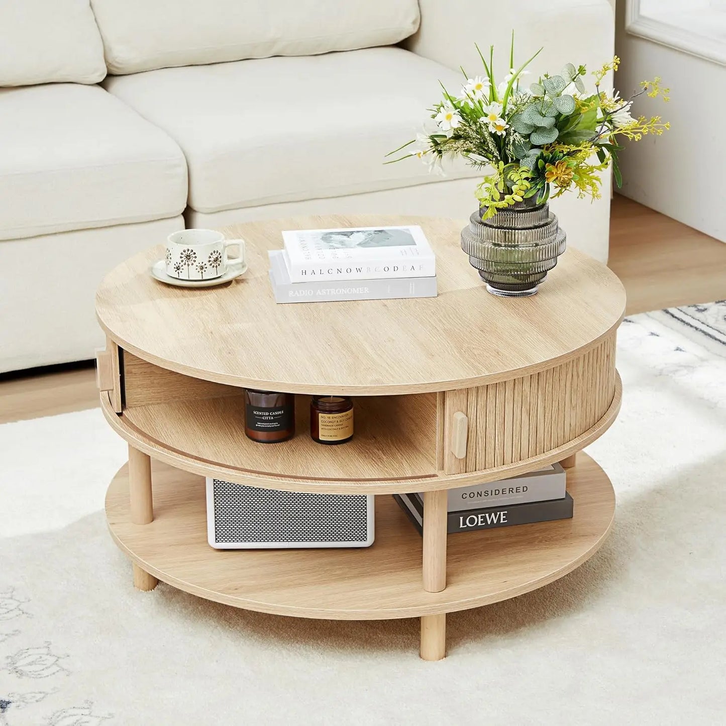 43.3” Coffee Table with Storage, Oval Coffee Tables for Living Room, Farmhouse Fluted Coffee Table with Large Storage Shelf