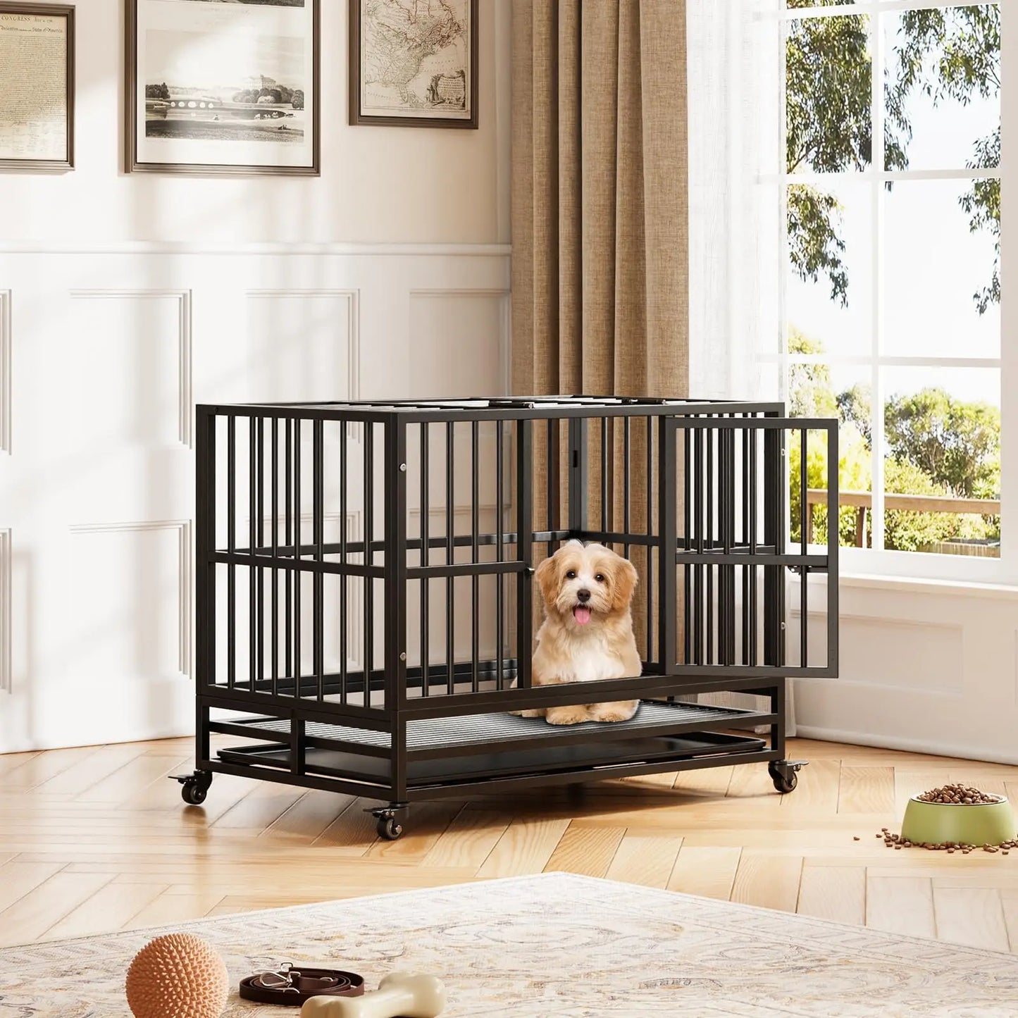 HeavyDuty Dog Crate Cage Kennel with Wheels,Dog Crate Steel Escape Proof,360°Lockable Wheels Removable Tray,Foldable DoubleDoor