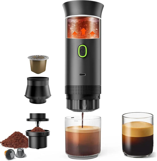 Self-Heating Car Coffee Maker with USB-C, Small Espresso Machine with Ground Coffee & Capsules (NS＆DG) for RV, Hiking, Office