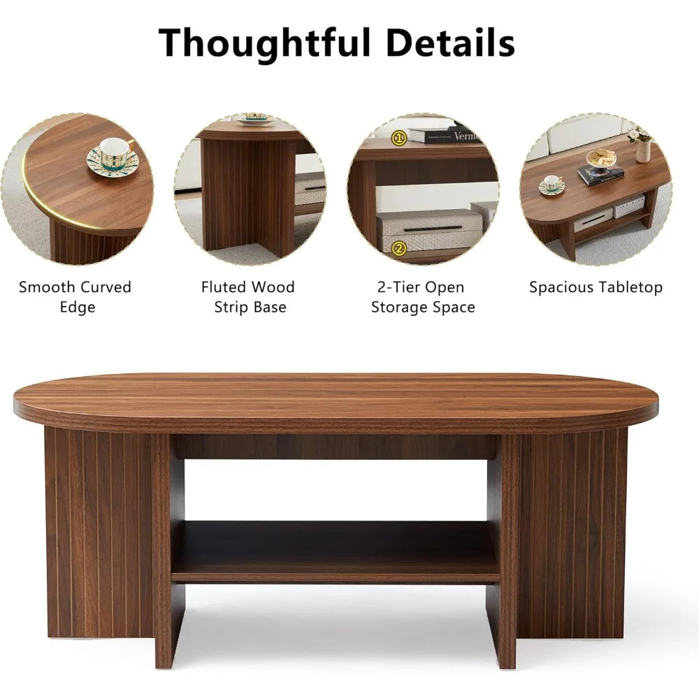 43.3” Coffee Table with Storage, Oval Coffee Tables for Living Room, Farmhouse Fluted Coffee Table with Large Storage Shelf
