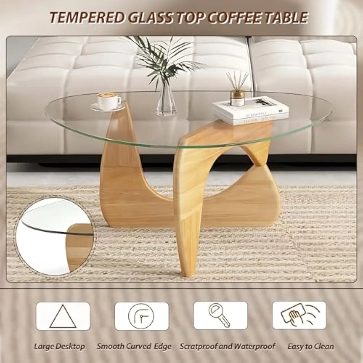Mid-Century Modern Coffee Table - Triangle Glass Top Natural Wood Base Triangle Coffee Table for Living Room Patio Office Abstr