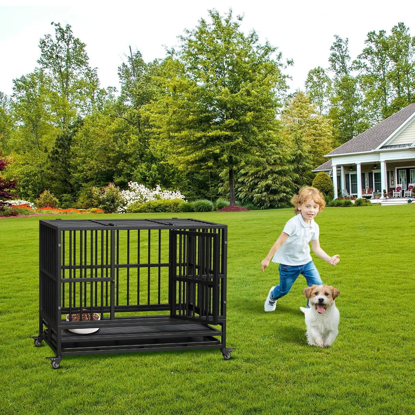 HeavyDuty Dog Crate Cage Kennel with Wheels,Dog Crate Steel Escape Proof,360°Lockable Wheels Removable Tray,Foldable DoubleDoor