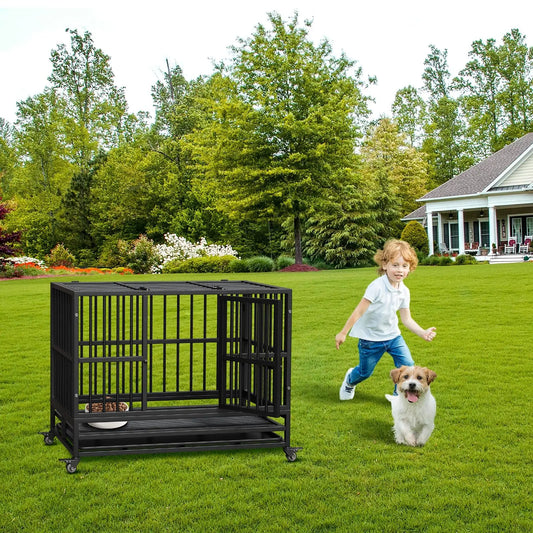 HeavyDuty Dog Crate Cage Kennel with Wheels,Dog Crate Steel Escape Proof,360°Lockable Wheels Removable Tray,Foldable DoubleDoor