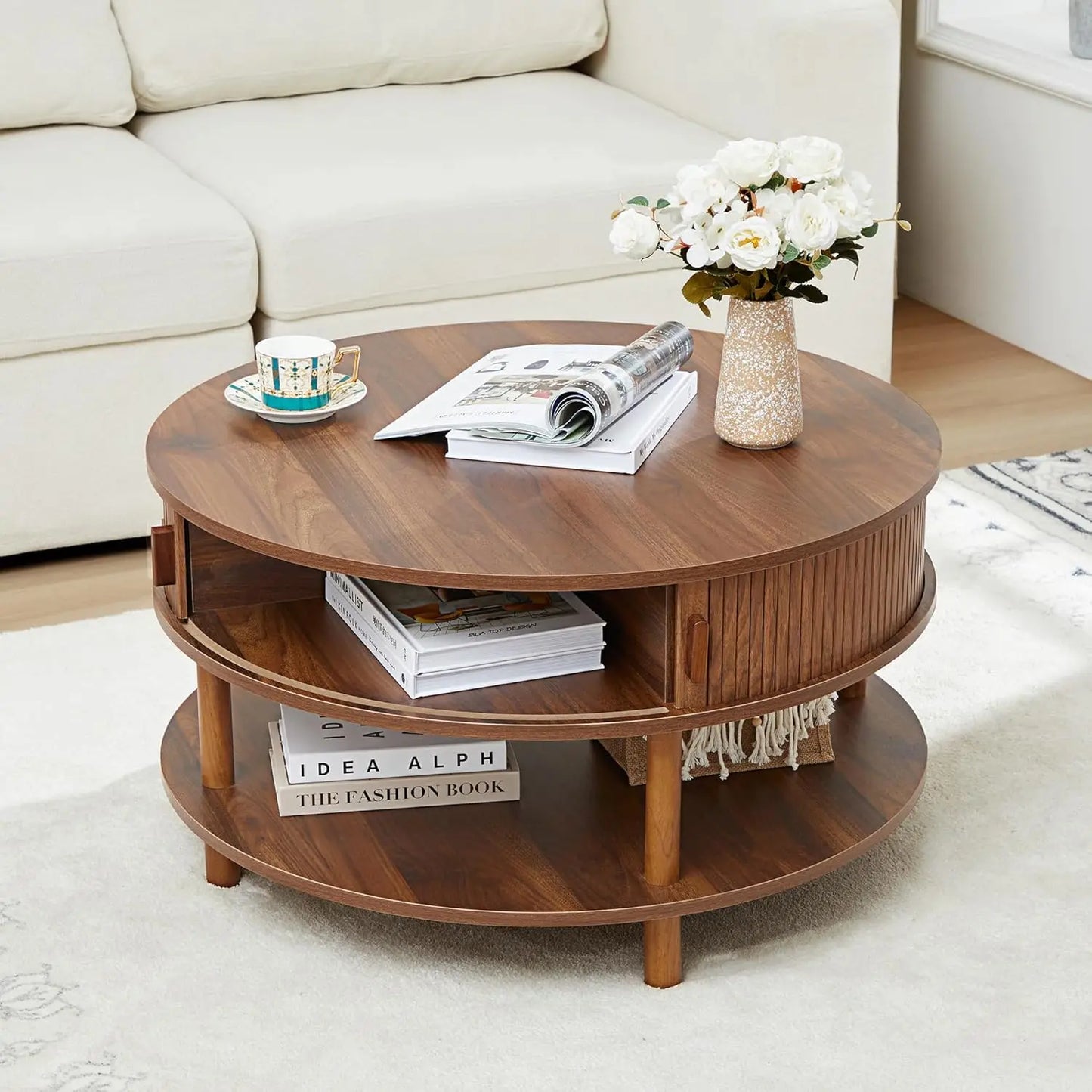 43.3” Coffee Table with Storage, Oval Coffee Tables for Living Room, Farmhouse Fluted Coffee Table with Large Storage Shelf