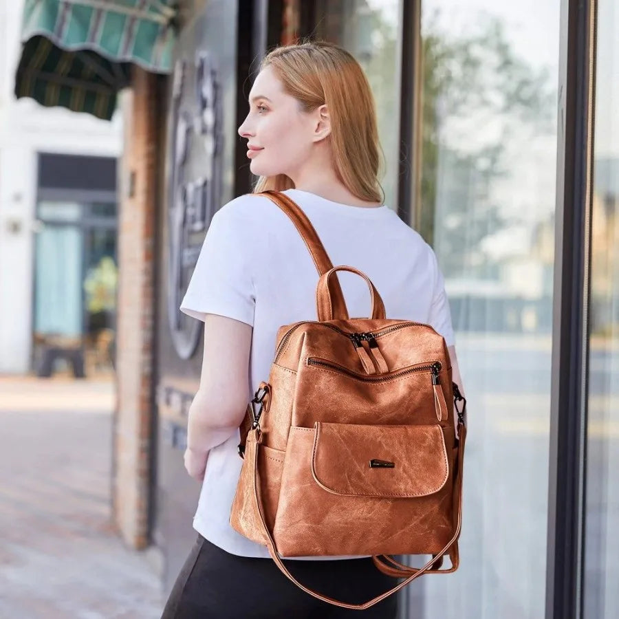 Backpack Purse for Womens Waterproof PU Leather Backpacks Handbags Ladies Casual Shoulder Bags Brown