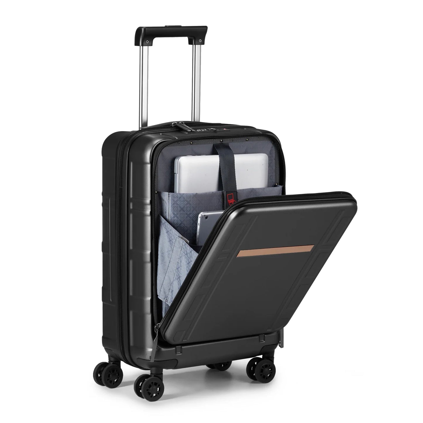 22 X 14 X 9 Airline Approved, ABS+PC 20 Inch Luggage with Front Compartment, Double Spinner Wheels, TSA Lock，Black Color
