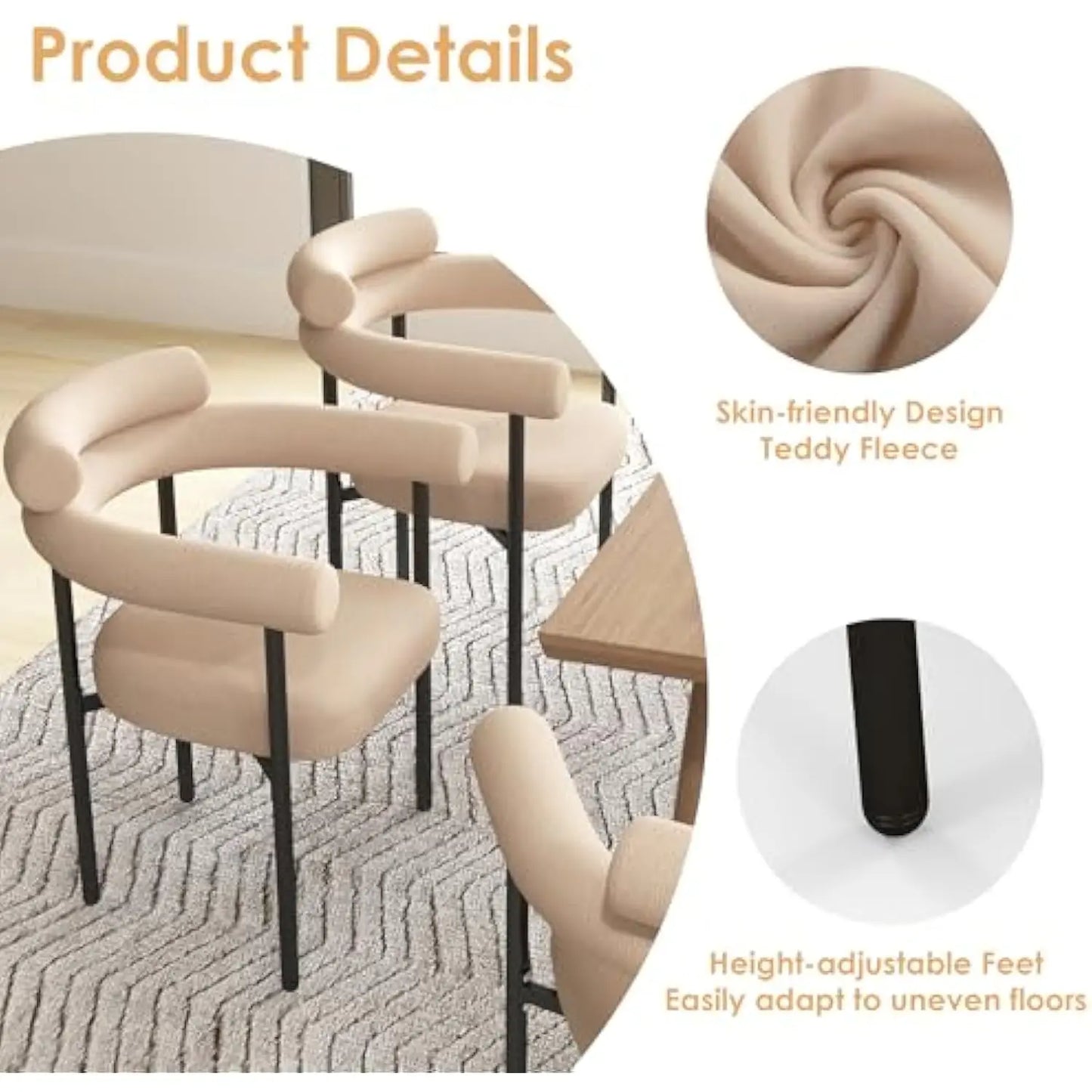 Dining Chairs Set of 2, Mid-Century Modern Dining Room Chairs with Curved Backrest and Armrest, Round Kitchen Chairs with Cush