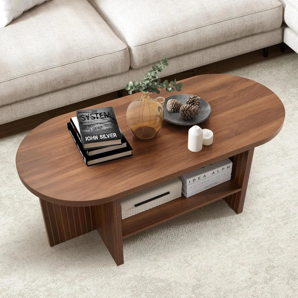 43.3” Coffee Table with Storage, Oval Coffee Tables for Living Room, Farmhouse Fluted Coffee Table with Large Storage Shelf
